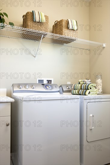 Towels folded on dryer in laundry room