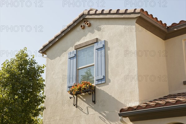 Low angle view of a window with flower box on house wall against clear sky