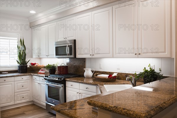 View of a kitchen having white cabinets at home