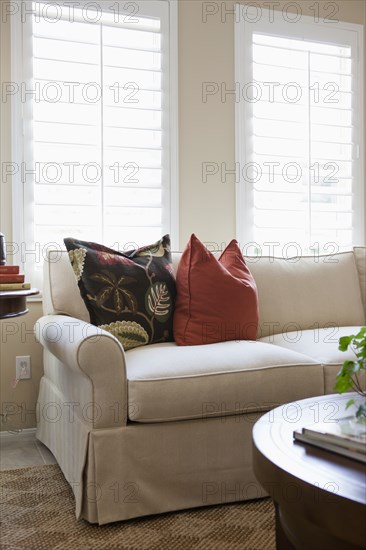 Cropped couch with coffee table in living room at home