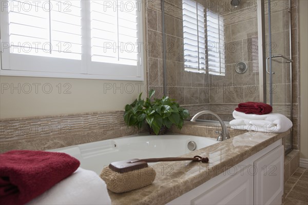 Contemporary bathroom with bath and glass shower at home