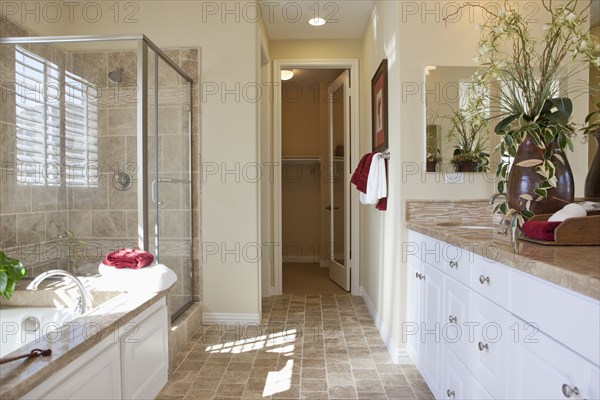 Contemporary bathroom with cropped bath and glass shower at home