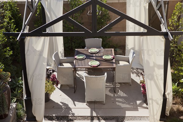 High angle view of dining area with curtains in the garden