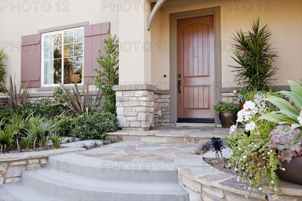 Plants in front of a house with closed door