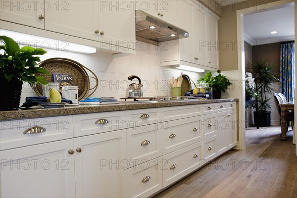 Kitchen having white cabinets and wooden floor at home