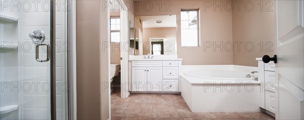 Bathroom with bath and cabinets at mirror