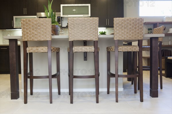 High stools at the kitchen island at home