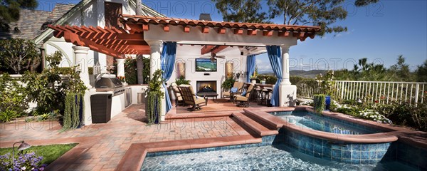 Sitting area at covered patio with swimming pool in foreground