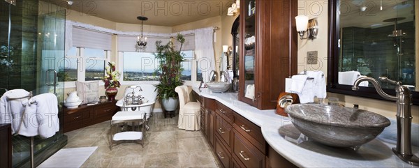 Contemporary bathroom with brown cabinets