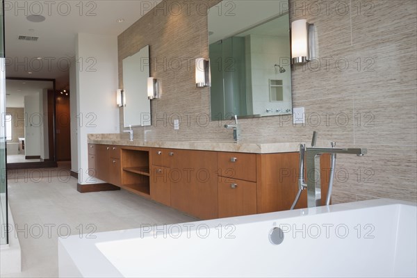 Contemporary bathroom with bath and cabinets at home