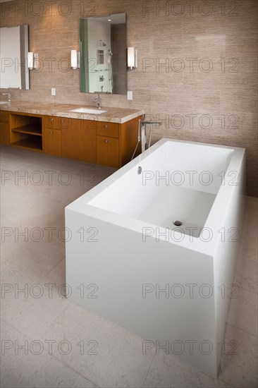 Contemporary bathroom with bath and cabinets at home