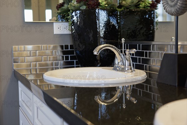 Bathroom sink with metallic backsplash