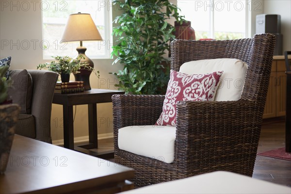 Cushion on wicker armchair in living room