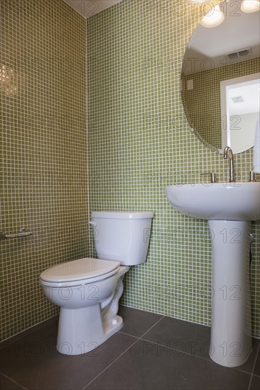 Toilet seat and sink in domestic bathroom