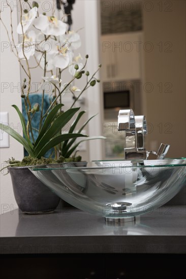 Glass sink in domestic bathroom