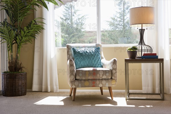 Blue throw pillow on arm chair by window