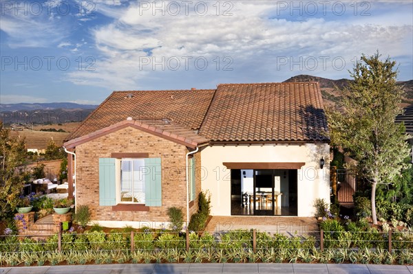 Front exterior of one story house against cloudy sky