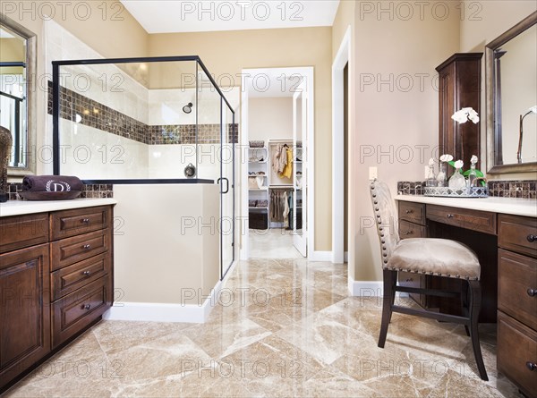 Interior of contemporary bathroom with glass shower