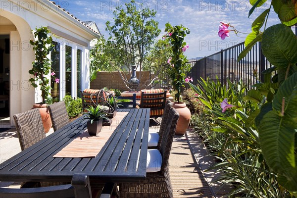 Dining area in backyard of house