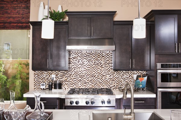 Interior of domestic kitchen with wooden cabinets