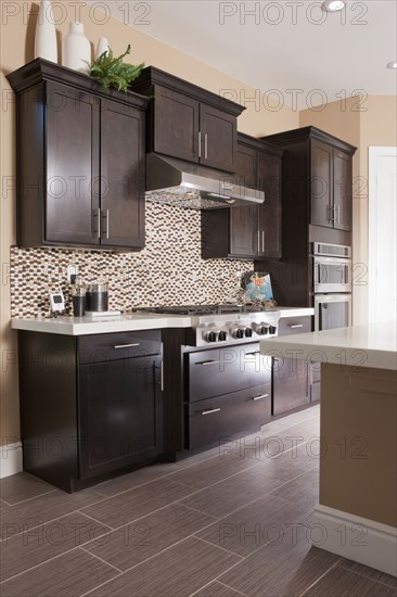 Domestic kitchen with wooden cabinets