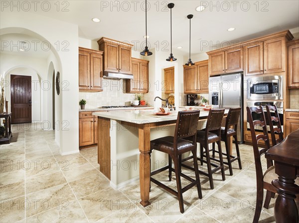 Breakfast bar in domestic kitchen