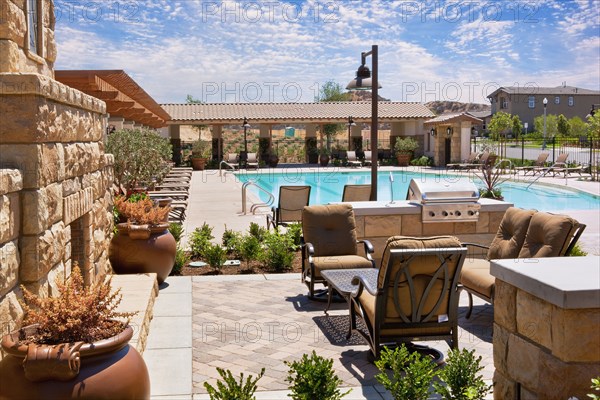 Seating area and swimming pool at community center