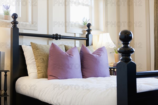 Cushions arranged on bed