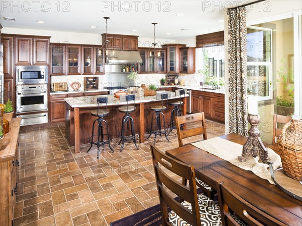 Open plan of domestic kitchen and dining area