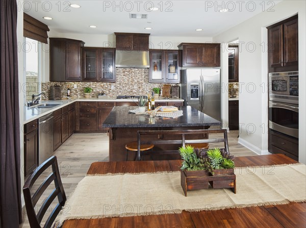 Interior of domestic kitchen and dining table