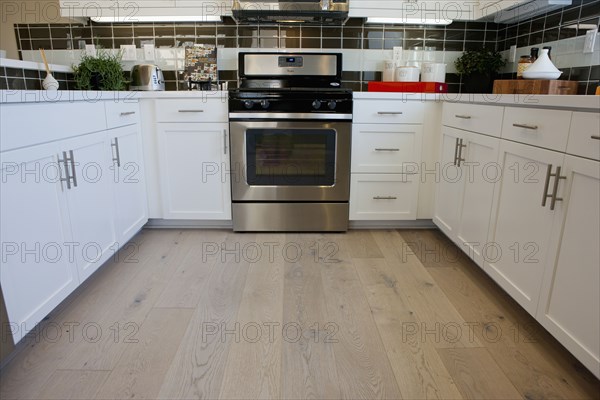 Interior of domestic kitchen with oven and white cabinets