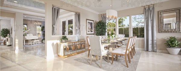 Dining room with piano in the background at a spacious house