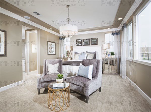 Spacious bedroom with sitting area in foreground at home