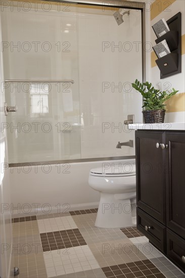 Contemporary bathroom with glass shower and commode at home