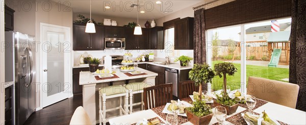 Kitchen and dining area in traditional home