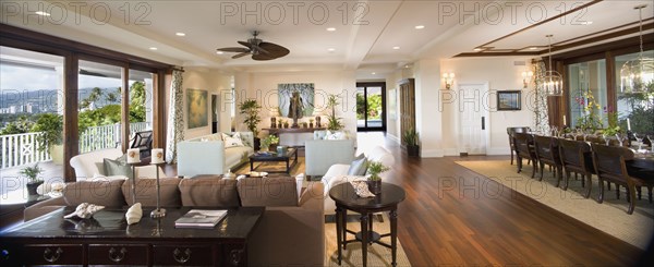 Interior contemporary great room with hardwood floors