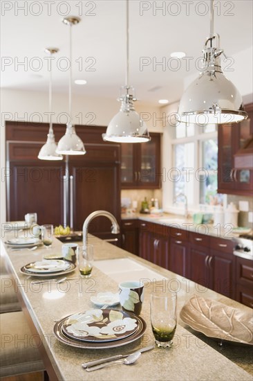 Kitchen counter with floral place settings