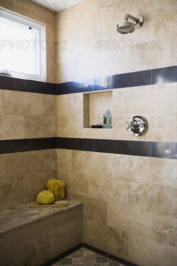 Contemporary marble shower with built in bench