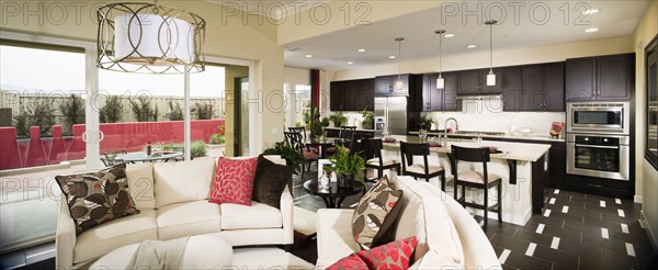 Sitting area and kitchen in contemporary home