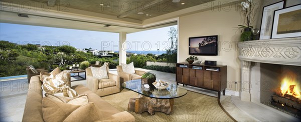 Contemporary living room with view of ocean