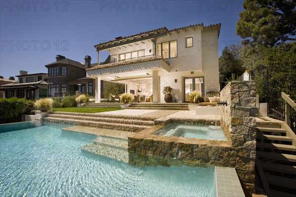 Swimming pool behind multiple story contemporary home