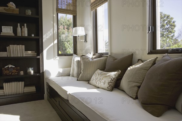 Bookcase and window seat in sitting room