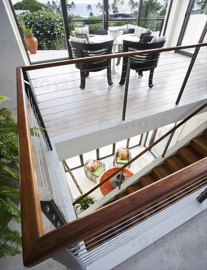 Detail staircase in center of contemporary Hawaiian home