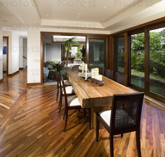 Dining room with long dining table