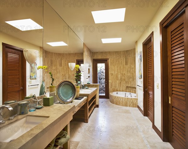 Large master bathroom with long vanity
