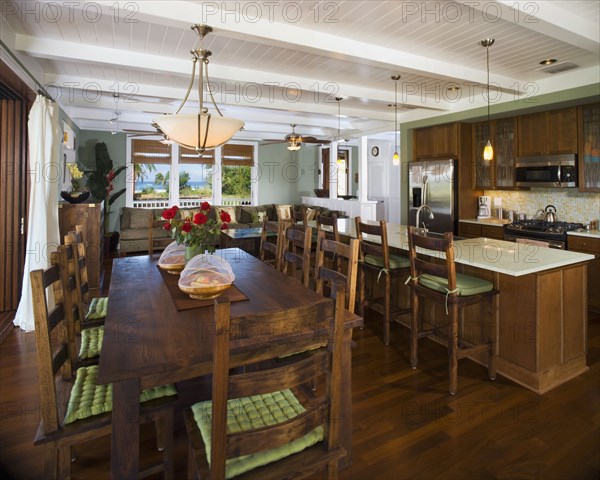 Interior of a dining room and kitchen