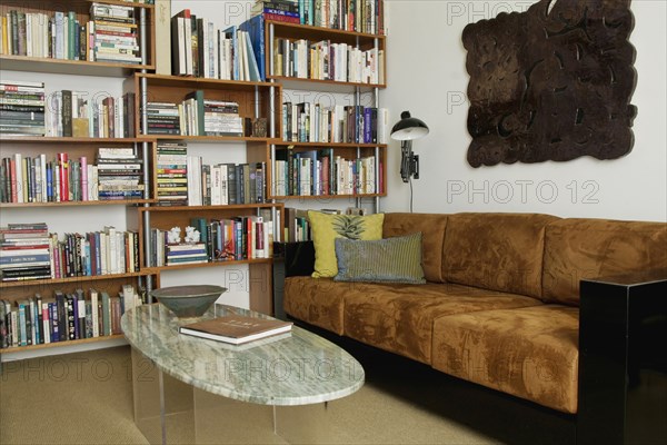 Brown suede sofa in den