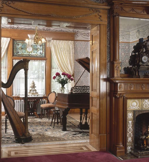 Harp and piano in music room of house