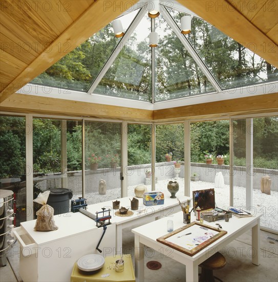 Cedar tongue and groove ceiling with glass sliding doors and skylights