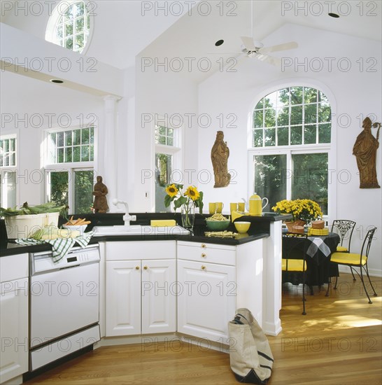 Interior of kitchen with yellow and white accents